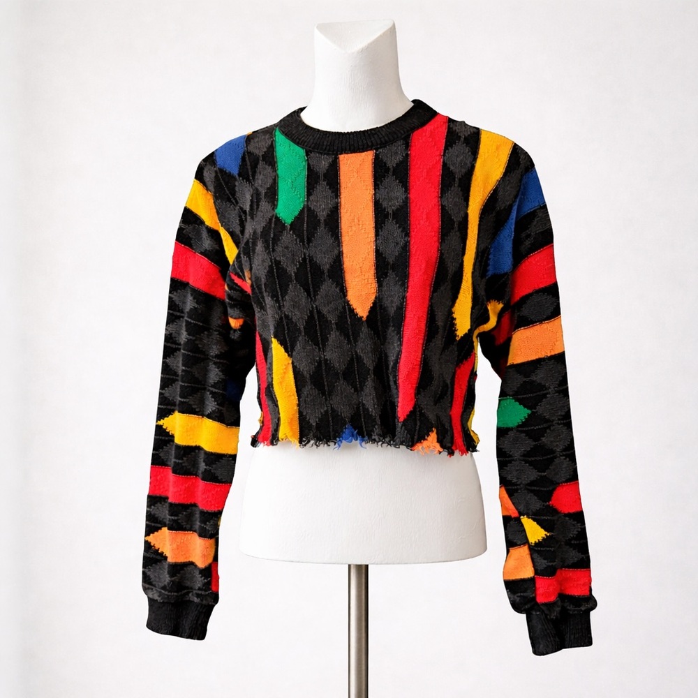 Vintage Tundra Cropped Sweater L/XL Raw Hem Multicolor Distressed Geometric